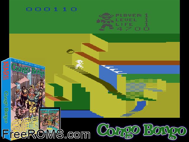 Congo Bongo Atari game showing 3D box cover and gameplay screenshot