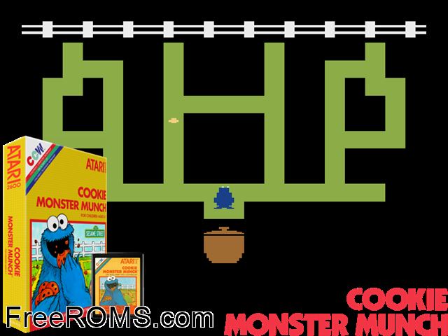 Cookie Monster Munch Atari game showing 3D box cover and gameplay screenshot