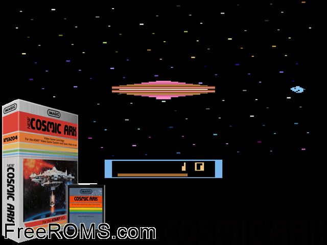 Cosmic Ark Atari game showing 3D box cover and gameplay screenshot