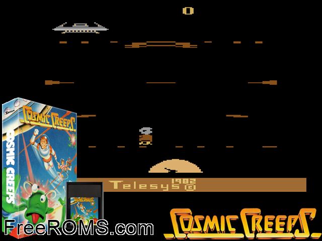 Cosmic Creeps Atari game showing 3D box cover and gameplay screenshot
