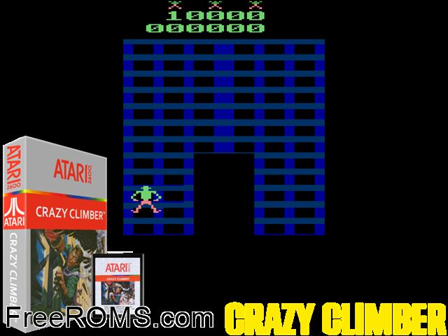 Crazy Climber Atari game showing 3D box cover and gameplay screenshot