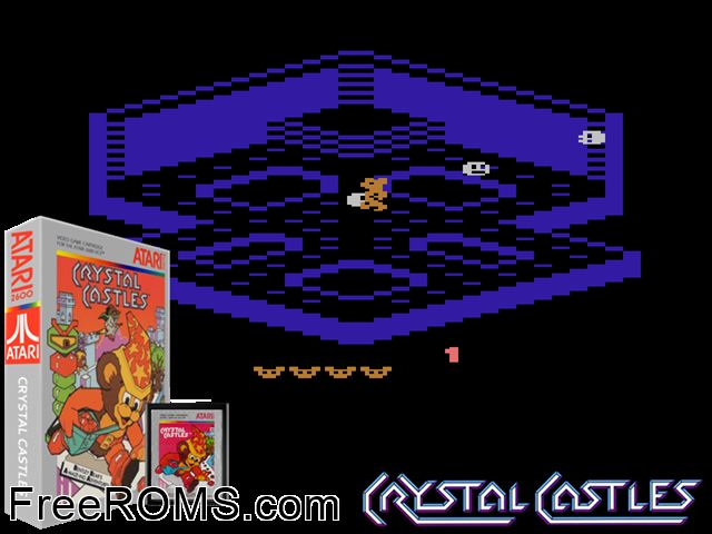 Crystal Castles Atari game showing 3D box cover and gameplay screenshot