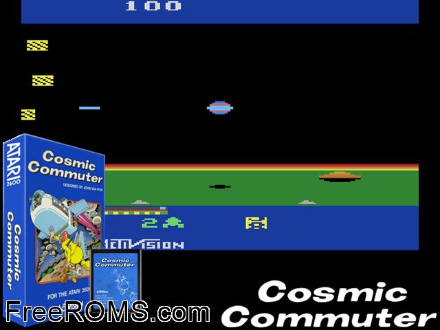 Cosmic Commuter Atari game showing 3D box cover and gameplay screenshot