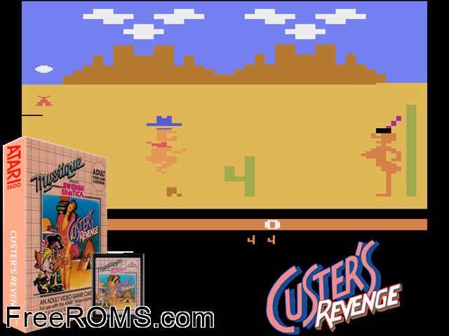 Custer's Revenge Atari game showing 3D box cover and gameplay screenshot