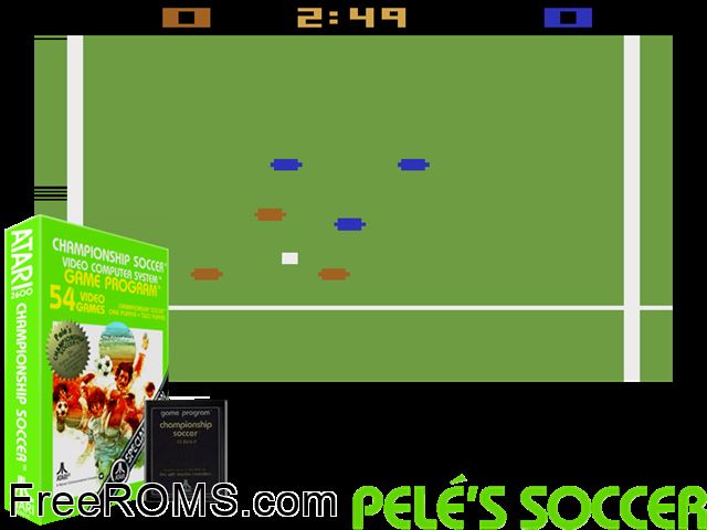 Pele's Soccer Atari game showing 3D box cover and gameplay screenshot