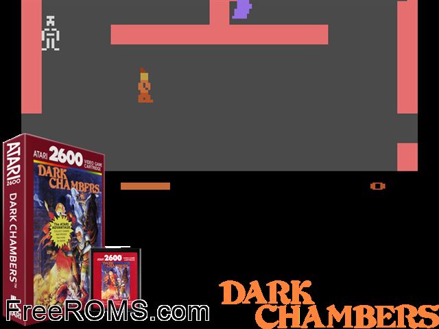 Dark Chambers Atari game showing 3D box cover and gameplay screenshot