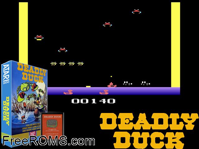 Deadly Duck Atari game showing 3D box cover and gameplay screenshot