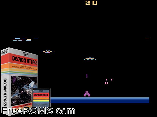 Demon Attack Atari game showing 3D box cover and gameplay screenshot