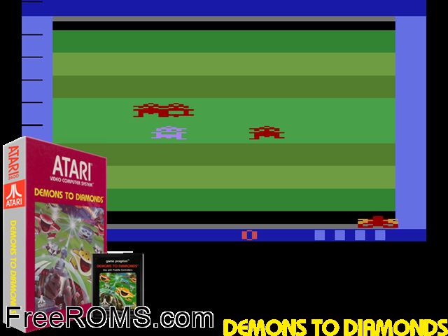 Demons to Diamonds Atari game showing 3D box cover and gameplay screenshot
