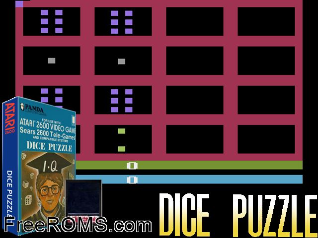 Dice Puzzle Atari game showing 3D box cover and gameplay screenshot