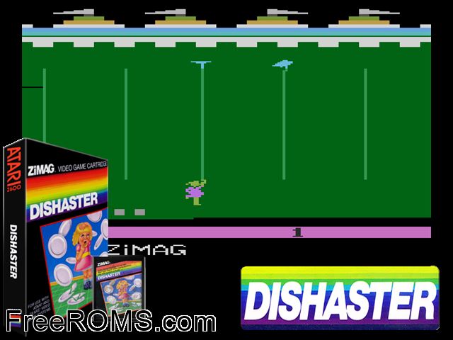 Dishaster Atari game showing 3D box cover and gameplay screenshot