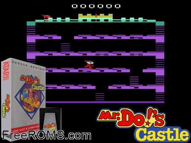 Mr. Do!'s Castle Atari game showing 3D box cover and gameplay screenshot