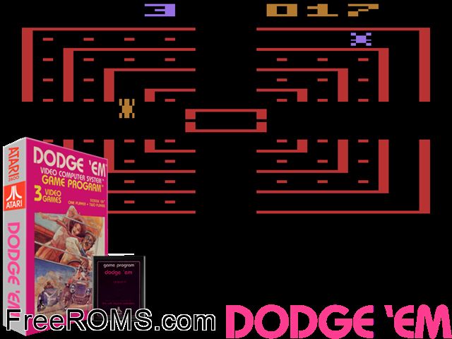 Dodge 'Em Atari game showing 3D box cover and gameplay screenshot