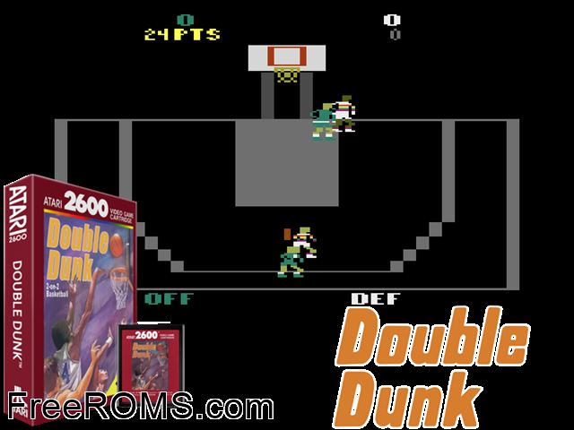 Double Dunk Atari game showing 3D box cover and gameplay screenshot