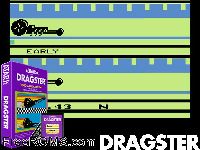 Dragster Atari game showing 3D box cover and gameplay screenshot