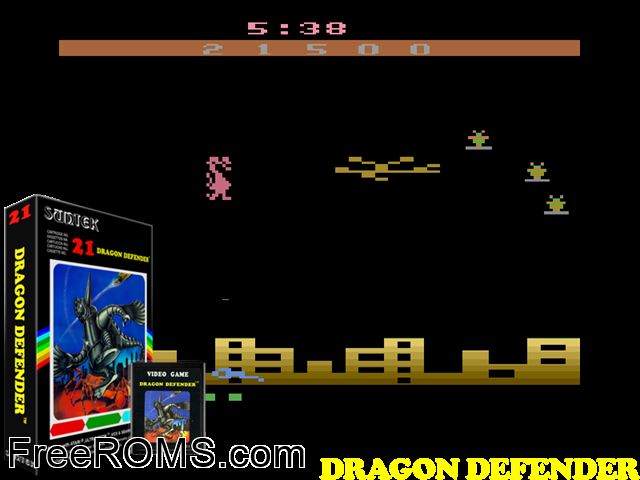 Dragon Defender Atari game showing 3D box cover and gameplay screenshot