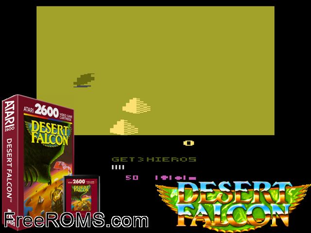 Desert Falcon Atari game showing 3D box cover and gameplay screenshot