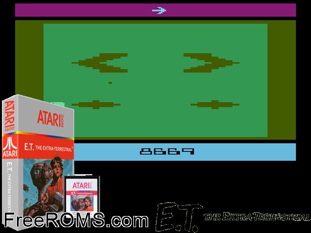 E.T.-The Extra Terrestrial Atari game showing 3D box cover and gameplay screenshot