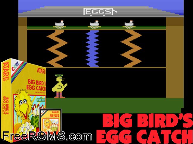 Big Bird's Egg Catch Atari game showing 3D box cover and gameplay screenshot
