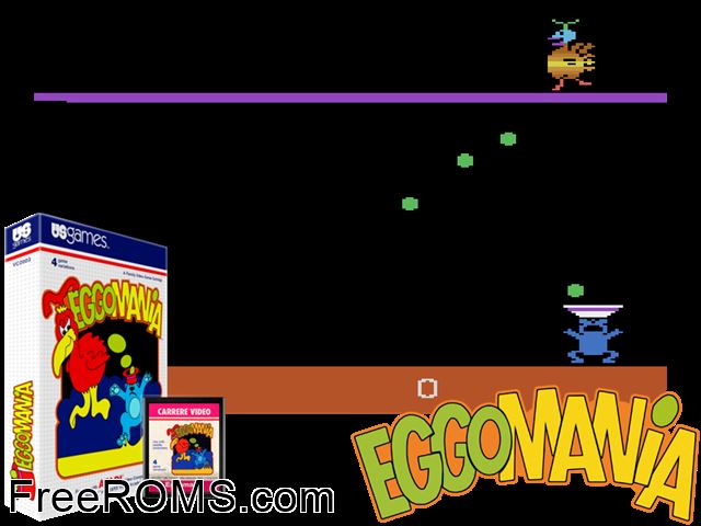 Eggomania Atari game showing 3D box cover and gameplay screenshot