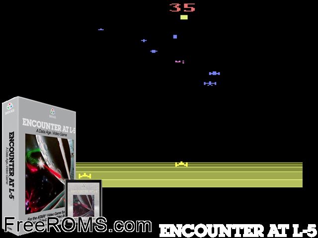 Encounter at L-5 Atari game showing 3D box cover and gameplay screenshot