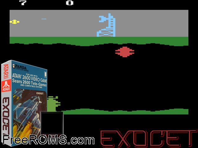 Exocet Atari game showing 3D box cover and gameplay screenshot