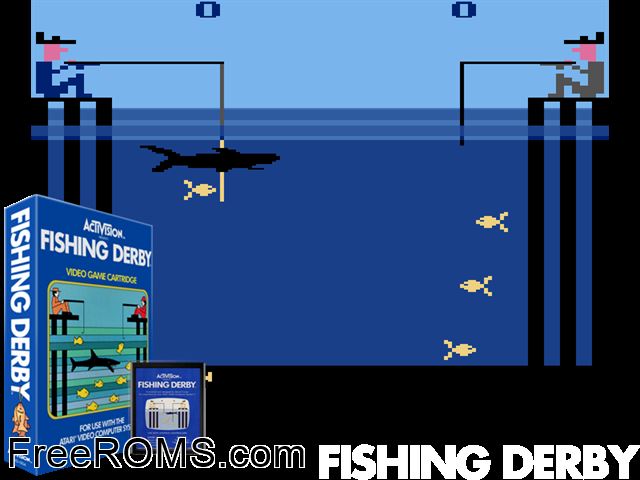 Fishing Derby Atari game showing 3D box cover and gameplay screenshot