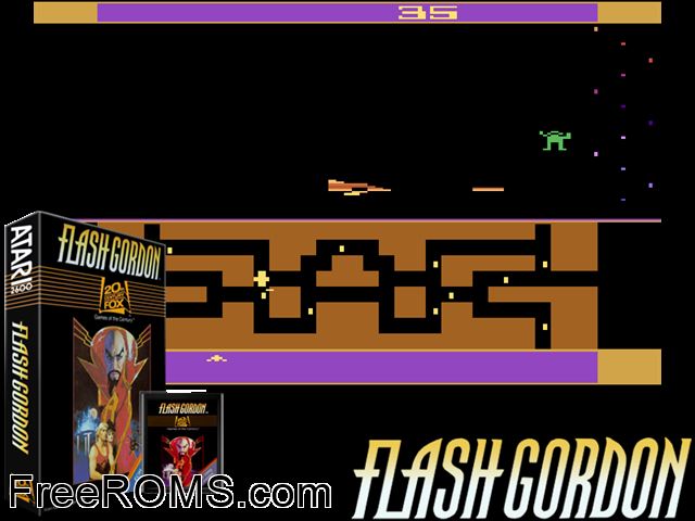 Flash Gordon Atari game showing 3D box cover and gameplay screenshot