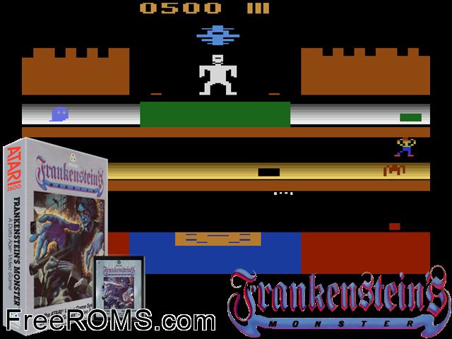 Frankenstein's Monster Atari game showing 3D box cover and gameplay screenshot