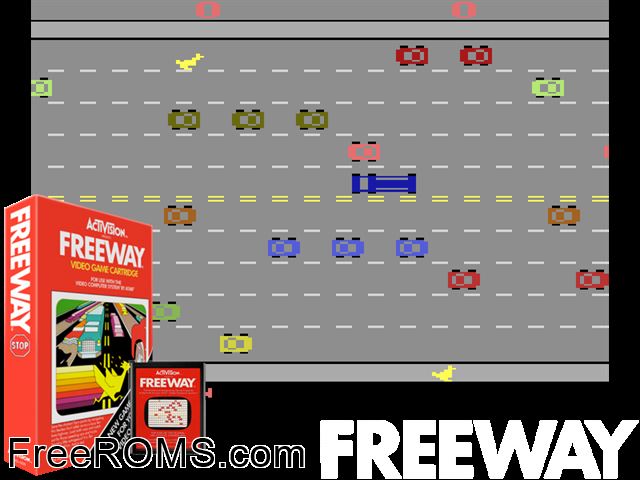 Freeway Atari game showing 3D box cover and gameplay screenshot