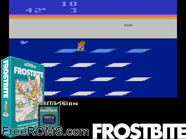 Frostbite Atari game showing 3D box cover and gameplay screenshot