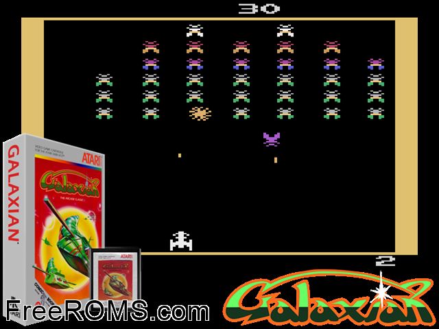 Galaxian Atari game showing 3D box cover and gameplay screenshot