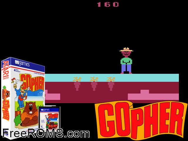 Gopher Atari game showing 3D box cover and gameplay screenshot
