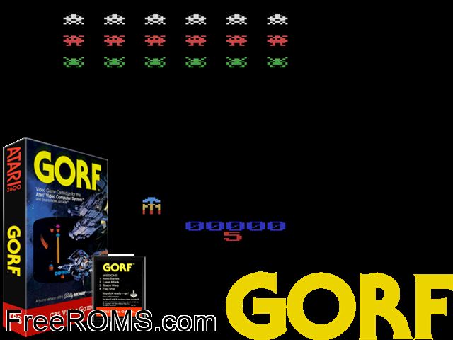 Gorf Atari game showing 3D box cover and gameplay screenshot