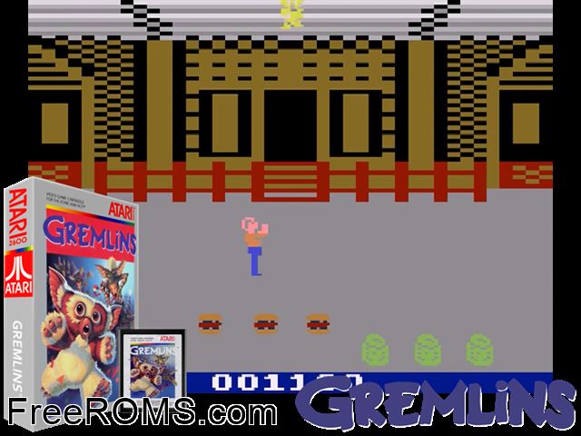 Gremlins Atari game showing 3D box cover and gameplay screenshot
