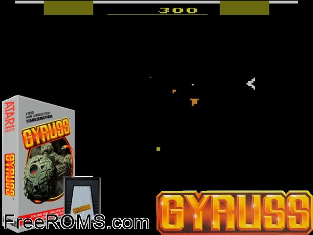 Gyruss Atari game showing 3D box cover and gameplay screenshot