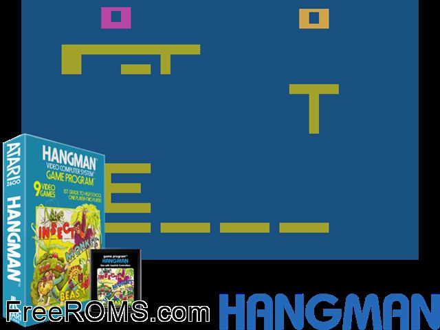 Hangman Atari game showing 3D box cover and gameplay screenshot