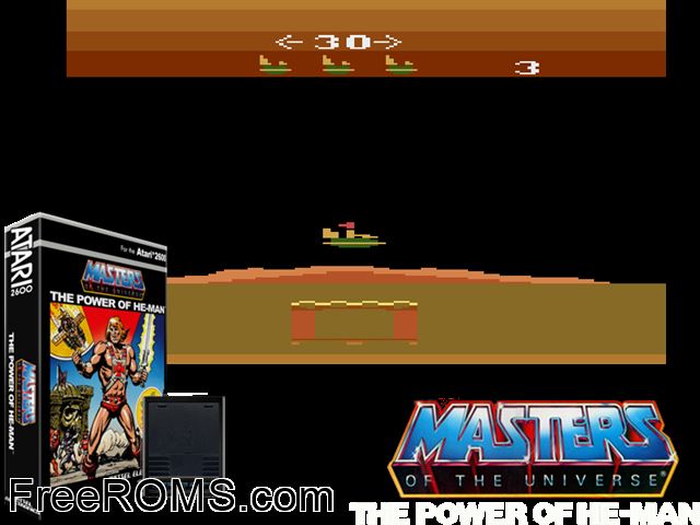 Master of the Universe: The Power of He-Man Atari game showing 3D box cover and gameplay screenshot