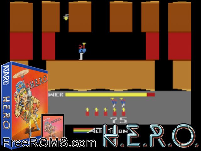 H.E.R.O. Atari game showing 3D box cover and gameplay screenshot