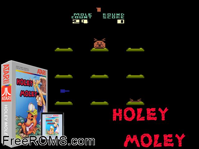 Holy Moley Atari game showing 3D box cover and gameplay screenshot