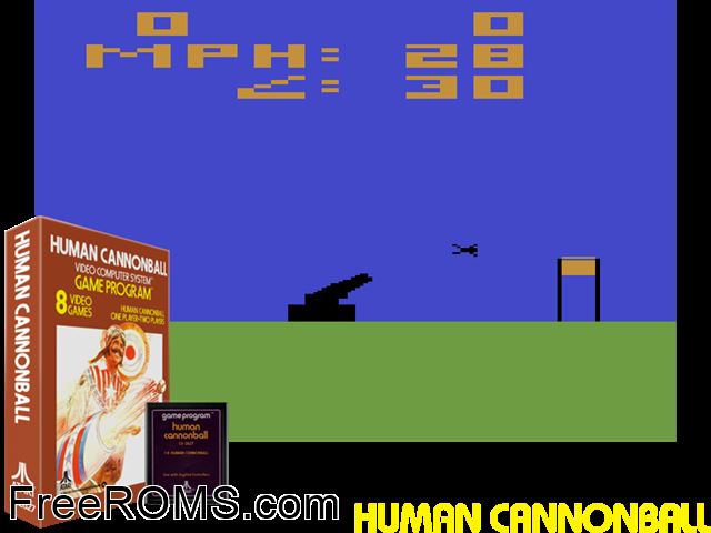 Human Cannonball Atari game showing 3D box cover and gameplay screenshot