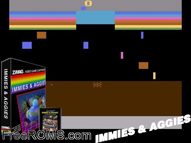 Immies and Aggies Atari game showing 3D box cover and gameplay screenshot