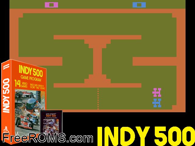 Indy 500 Atari game showing 3D box cover and gameplay screenshot