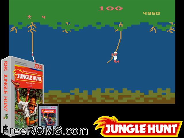 Jungle Hunt Atari game showing 3D box cover and gameplay screenshot