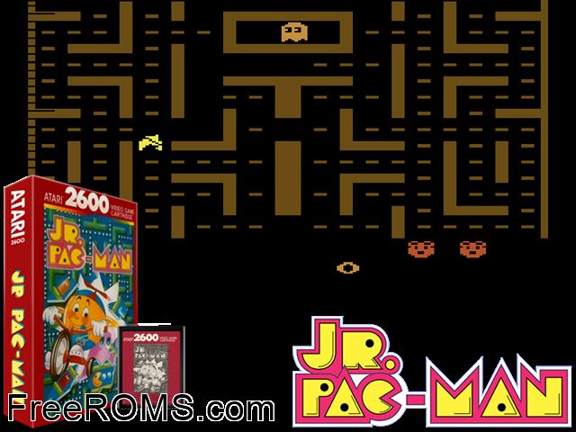 Jr. Pac Man Atari game showing 3D box cover and gameplay screenshot