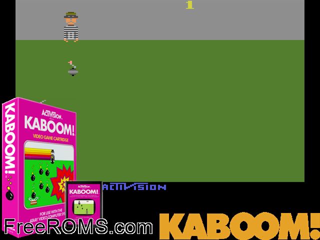 Kaboom! Atari game showing 3D box cover and gameplay screenshot