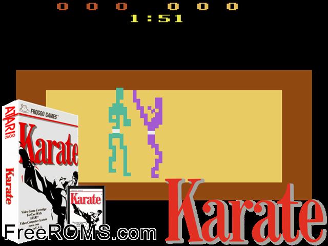 Karate Atari game showing 3D box cover and gameplay screenshot