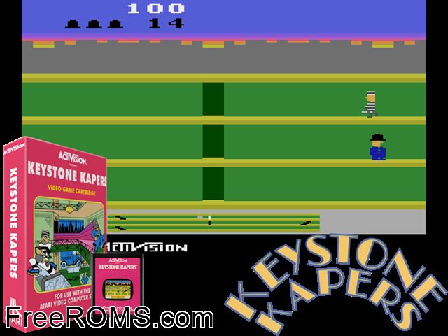 Keystone Kapers Atari game showing 3D box cover and gameplay screenshot