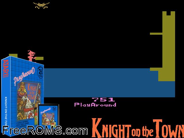 Knight on the Town Atari game showing 3D box cover and gameplay screenshot