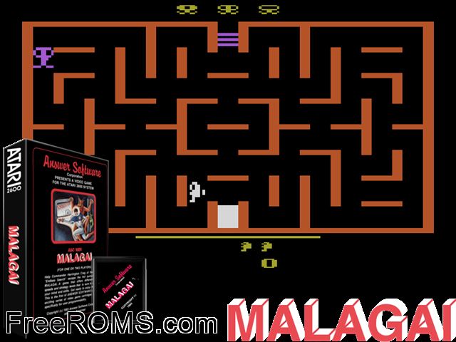 Malagia Atari game showing 3D box cover and gameplay screenshot